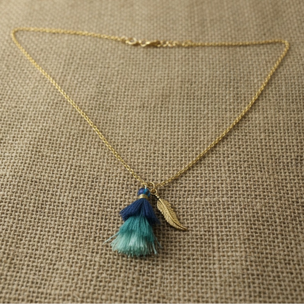 Cottagecore Bohemian Fairy Gold Necklace with Blue Tassel and Leaf Pendant